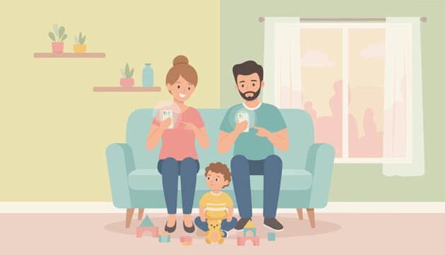Parents engrossed in smartphones on couch child plays with toys Modern family screen time