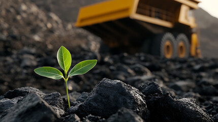 Resilient sprout in coal field, symbolizing growth amidst challenge, with a massive earthmover in the background. Nature's persistence.