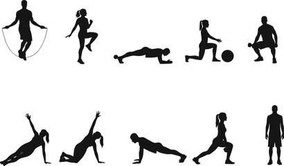 Obraz premium Silhouette vector illustration of people doing fitness exercises, workout training, gym activities, aerobic movements, bodyweight workouts, healthy lifestyle sport concept