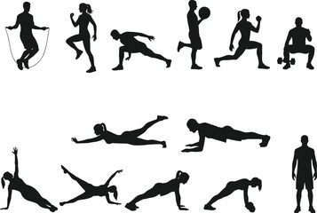 Silhouette vector illustration of men and women performing various fitness exercises, gym training, yoga poses, aerobic movements, healthy active lifestyle