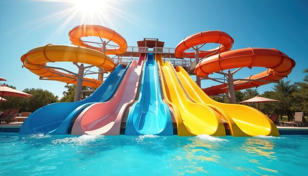 Aqua park water slide stands empty in summer sunlight. Multi colored sliders for kids fun. Nobody present at swimmingpool with blue clear water, resort zone with palms and sunshades. Time to relax.