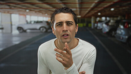 Fototapeta premium Young hispanic man indoors in a parking area with a curious expression surrounded by cars wearing a white shirt and looking directly at the camera under artificial lighting