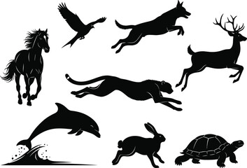 Silhouette vector of animals in motion including horse, cheetah, dolphin, bird, dog, rabbit, deer, tortoise on white background