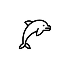 Simple black and white line drawing of a dolphin leaping out of the water.