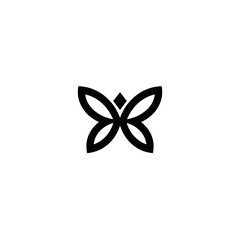 A minimalist black line art logo of a stylized butterfly on a white background.