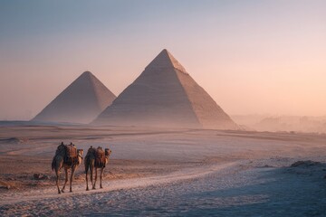 Two camels walk near the pyramids amid a dusty expansive desert landscape under a soft hazy sky