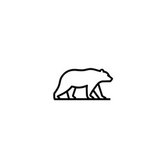 A minimalist black outline of a bear walking to the right on a white background.