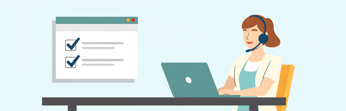woman sits desk laptop wearing headset likely handling customer inquiries shown accompanying checklist