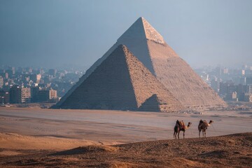 Two camels stand before the Great Pyramids of Giza with a city skyline in the hazy distance