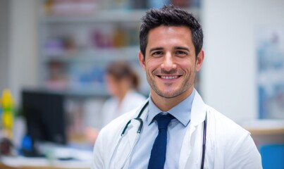 Smiling Doctor with Stethoscope in Medical Setting.