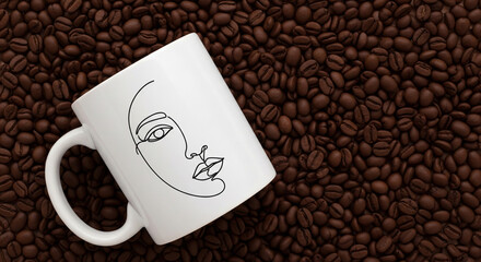 A white mug with a minimalist face drawing resting on a bed of roasted coffee beans, creating an artistic coffeethemed composition
