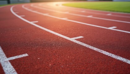 Empty red running track lanes with white lines at a sports stadium. The perspective shows multiple parallel courses leading towards a blurred green field under warm sunlight.