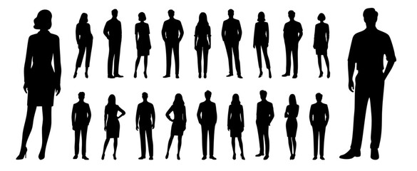 silhouettes set of standing people male and female full body front view with body gesture isolated on white background. Crowd, group of people vector illustration