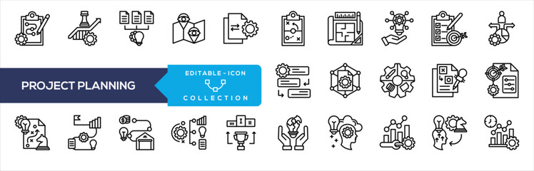 Project Planning Icon Collection. Containing action plan, growth strategy, project planning, vision mapping, execution plan, blueprint design, problem solving