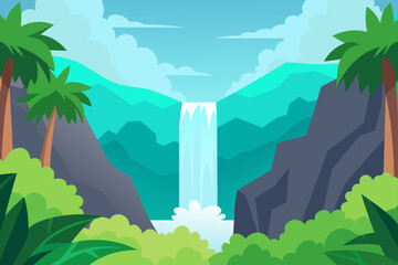 Vibrant jungle waterfall scene under bright blue sky vector illustration