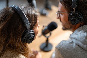 Two people with headphones face a microphone possibly recording a podcast or broadcast