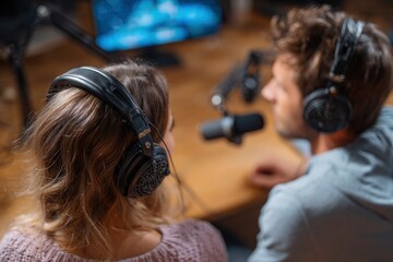 Two people with headphones face microphones at a desk likely recording a podcast