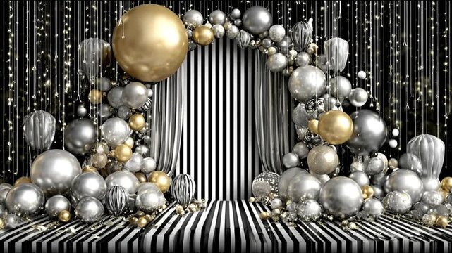 A striking black and white striped backdrop is adorned with a profusion of metallic gold and silver spheres, creating an elegant and festive scene.