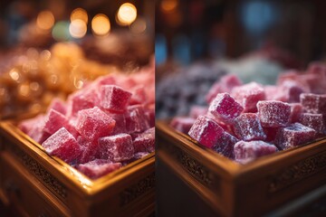 Two photos showing pink Turkish delight cubes in wooden trays blurred background