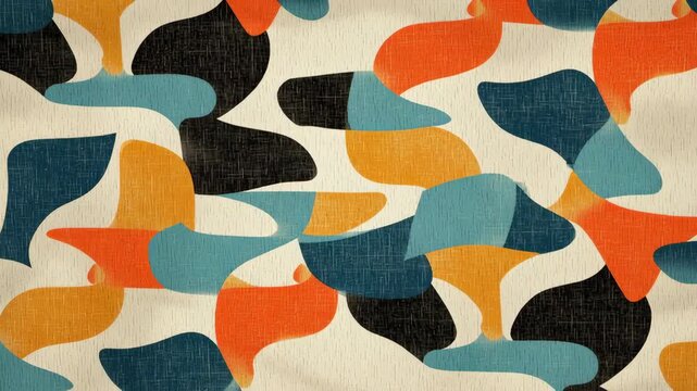 A colorful patterned fabric with a blue and orange stripe. The pattern is made up of squares. Atomic-inspired age design textile design, repeating abstract boomerangs, retro fabric style