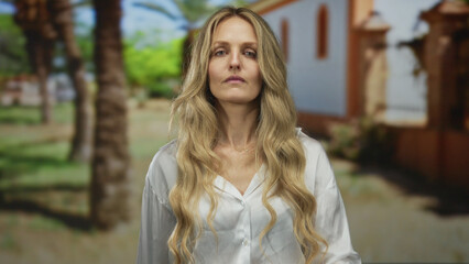 Woman holds hand aloft to stop onlookers in a park with a young blonde figure outdoors amid green...