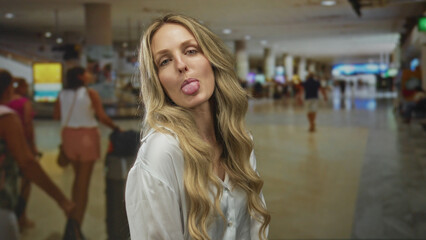 Woman smiling playfully in airport terminal with blonde hair and white shirt surrounded by travelers indoors creating lively atmosphere.