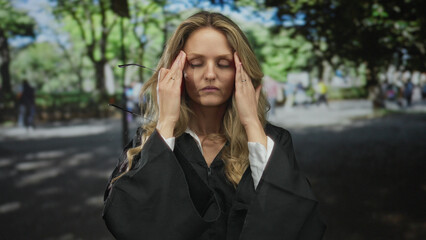 Stressed woman pressed temples before rubbing in park while a young blonde judge in uniform paused...