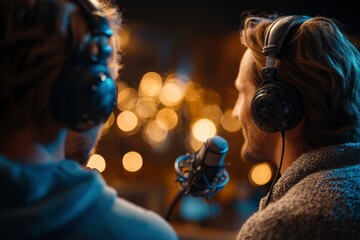 Two podcast hosts wear headphones and speak into a microphone in a dimly lit recording studio