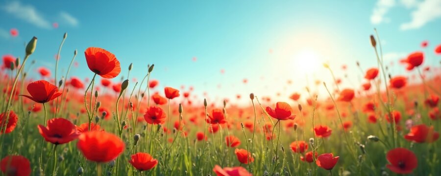 Red poppies bloom in a vibrant green field under a bright blue sky with sunny rays. Close-up perspective shows delicate petals and stems swaying gently. Nature awakens with fresh floral beauty.