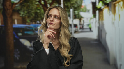 Fototapeta premium Woman judge in outdoor black uniform pondering on street with thoughtful expression surrounded by cars and greenery.
