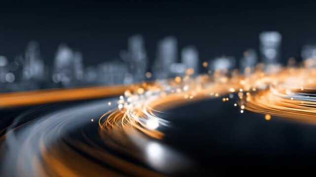 Abstract digital illustration of swirling orange and gray light trails over a cityscape background. - Powered by Adobe