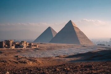 Two pyramids rise above the desert framed by a city skyline with buildings in the foreground