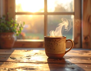 A tranquil morning scene featuring a steaming cup of hot coffee on a rustic wooden table, illuminated by the warm glow of sunrise through a window
