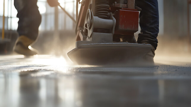Concrete Surface Compaction: A worker uses a machine to compact a concrete surface, ensuring it's smooth and level for optimal construction.