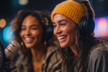 Two smiling women with headphones and a microphone likely recording a podcast or radio show