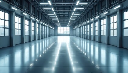 Fototapeta premium Spacious empty industrial hall with bright lights, long reflective floor. Modern factory building stands ready for automated production line. Rows of windows along walls provide natural light. Clean,