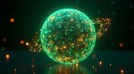 Futuristic neon glowing sphere with digital particles