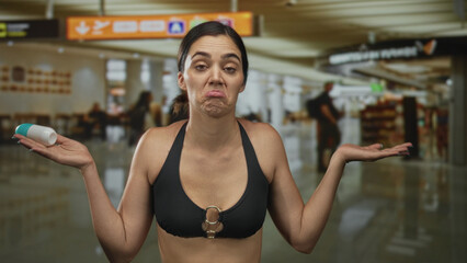Fototapeta premium Woman holds turquoise deodorant container in one hand and shrugs in busy airport terminal; uncertainty.