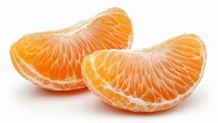 A close-up of two bright orange, peeled citrus fruit segments, such as tangerine, on a white background.