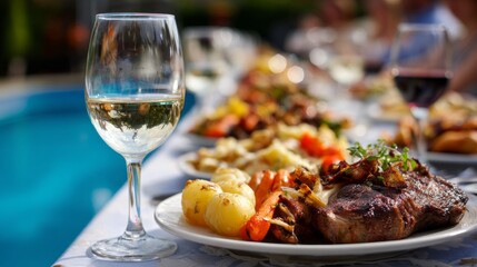 Delicious summer barbecue feast by the poolside with assorted dishes and drinks enjoyed in bright sunshine
