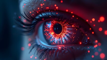 Futuristic cyber eye glowing with digital neon light