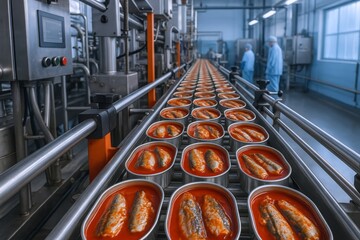 Automated sardine production line efficiently fills fresh fish into vibrant red sauce cans moving along a gleaming conveyor belt in a modern food factory