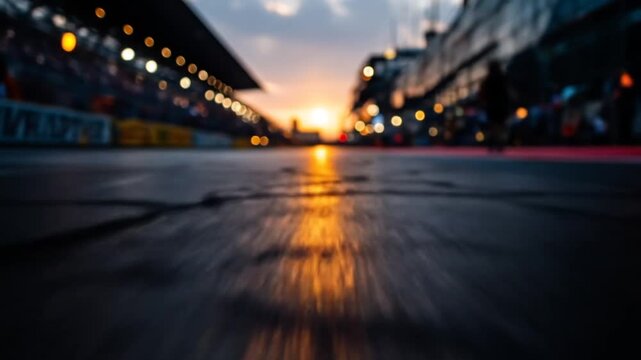 Wet asphalt track at sunset, showcasing the texture of the road surface.