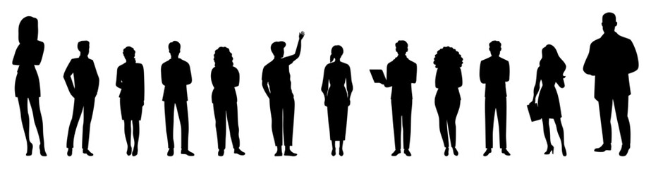 Professional business people silhouettes, including men and women in various poses, representing corporate teams, leadership, and diverse workforce concepts.