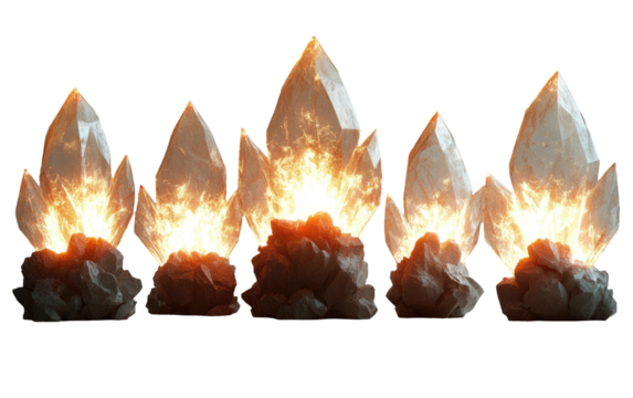 Glowing crystals emerge from rough stone bases, radiating light