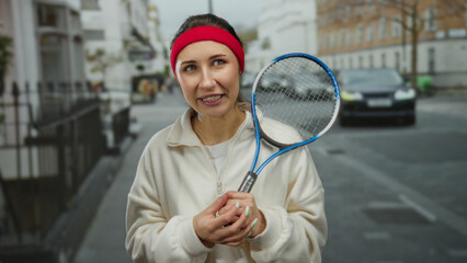 Woman holding tennis racket on city street looks cheerful in urban setting wearing headband and casual sweater for outdoor sports activity