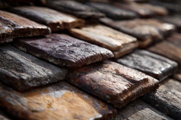 Weathered roof tiles uneven and textured with varying colors and light reflecting from their surfaces