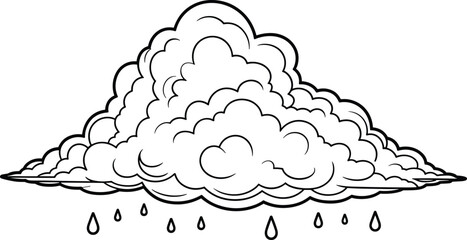 Cartoon rain cloud illustration, black and white vector drawing with raindrops, storm weather outline design for education and print