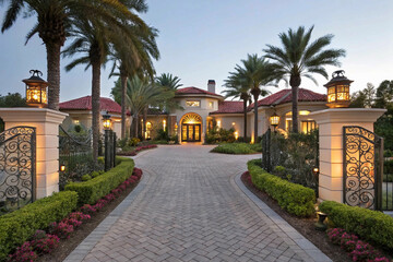 Fototapeta premium A beautiful Mediterranean-style mansion at twilight, with a winding driveway and warm, inviting exterior lighting.