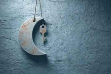 Mysterious crescent moon shaped decor featuring an old key symbolizing access to hidden knowledge while illuminated by soft serene lighting against a textured blue background